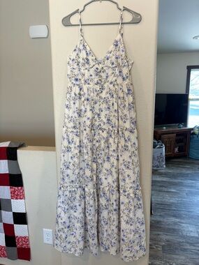 Long Cream Maxi Dress with Blue Floral Print